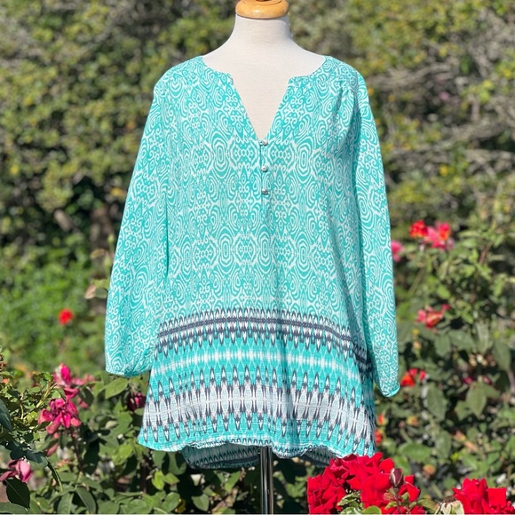 Kim Rogers Aqua and Black Patterned Blouse - Picture 2 of 11